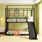 Luxystar Twin Over Twin Metal House Bunk Bed With Slide and Shelf for Kids' Room