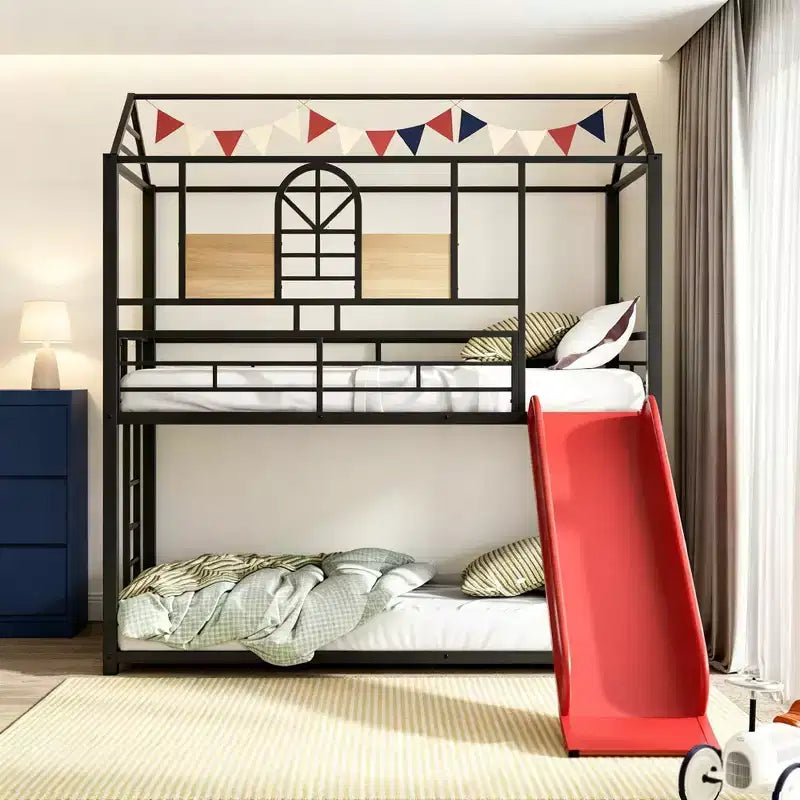 Lit superposé cabane en métal avec toboggan et étagère pour chambre d'enfant