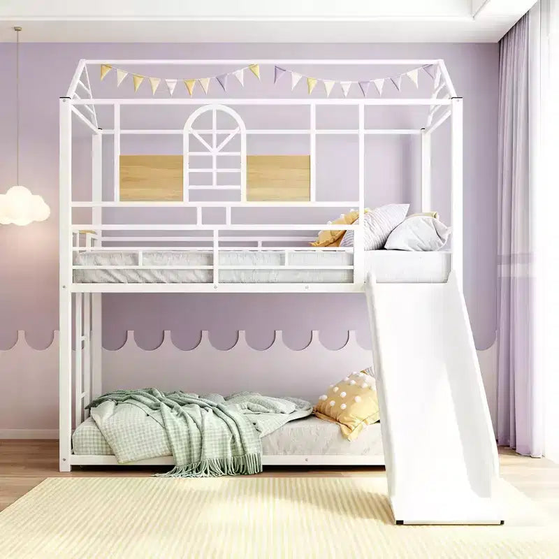 Lit superposé cabane en métal avec toboggan et étagère pour chambre d'enfant