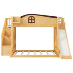 Lit superposé jumeau sur grand lit avec toboggan et armoire pour enfants, cadre de lit superposé en bois peu encombrant avec escalier de rangement et étagère ouverte