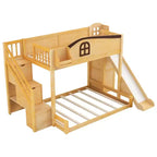 Lit superposé jumeau sur grand lit avec toboggan et armoire pour enfants, cadre de lit superposé en bois peu encombrant avec escalier de rangement et étagère ouverte