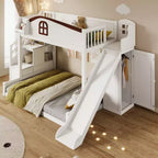 Lit superposé jumeau sur grand lit avec toboggan et armoire pour enfants, cadre de lit superposé en bois peu encombrant avec escalier de rangement et étagère ouverte