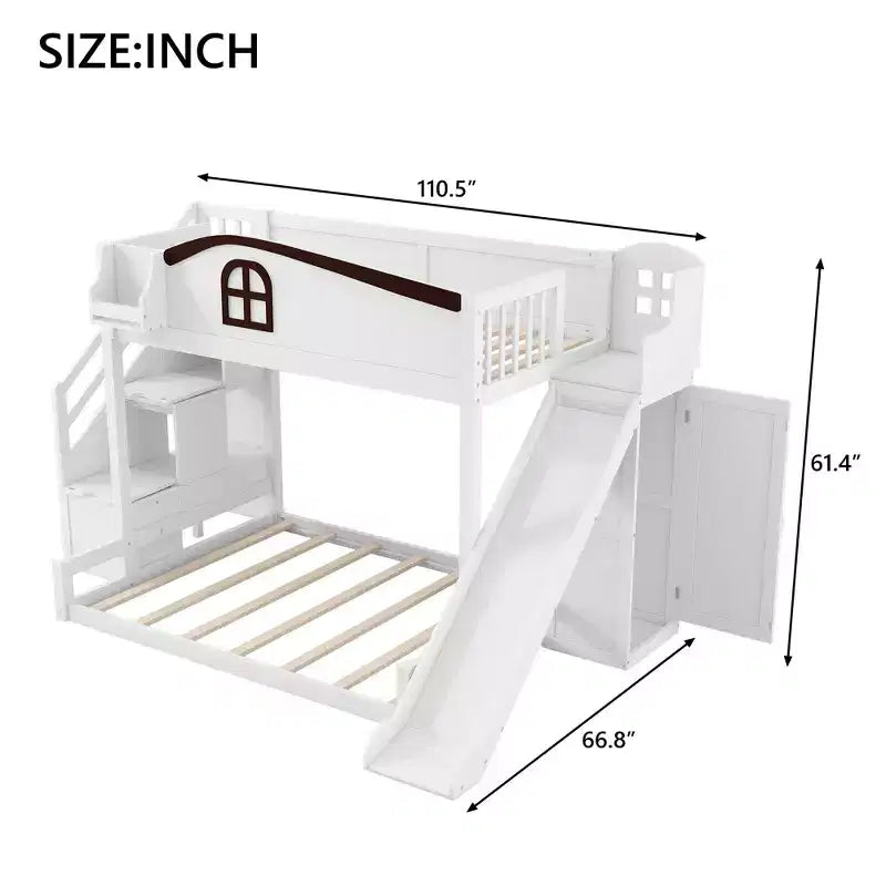 Lit superposé jumeau sur grand lit avec toboggan et armoire pour enfants, cadre de lit superposé en bois peu encombrant avec escalier de rangement et étagère ouverte