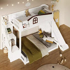 Lit superposé jumeau sur grand lit avec toboggan et armoire pour enfants, cadre de lit superposé en bois peu encombrant avec escalier de rangement et étagère ouverte