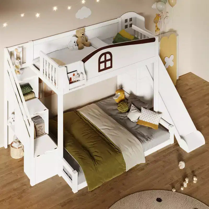 Lit superposé jumeau sur grand lit avec toboggan et armoire pour enfants, cadre de lit superposé en bois peu encombrant avec escalier de rangement et étagère ouverte