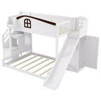 Lit superposé jumeau sur grand lit avec toboggan et armoire pour enfants, cadre de lit superposé en bois peu encombrant avec escalier de rangement et étagère ouverte