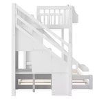 Lit superposé jumeau sur grand lit avec toboggan et armoire pour enfants, cadre de lit superposé en bois peu encombrant avec escalier de rangement et étagère ouverte