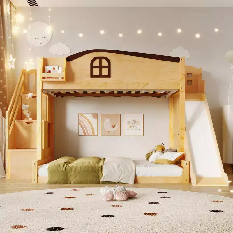 Lit superposé jumeau sur grand lit avec toboggan et armoire pour enfants, cadre de lit superposé en bois peu encombrant avec escalier de rangement et étagère ouverte