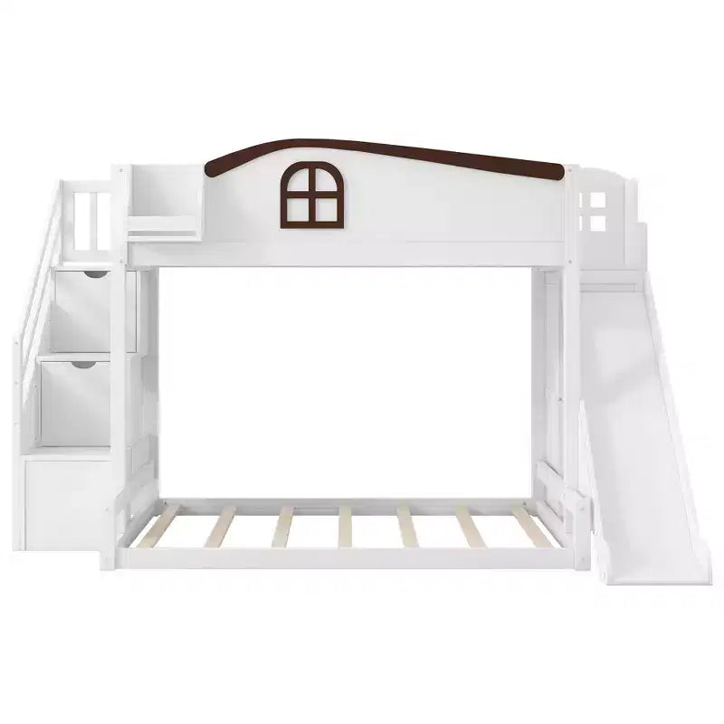 Lit superposé jumeau sur grand lit avec toboggan et armoire pour enfants, cadre de lit superposé en bois peu encombrant avec escalier de rangement et étagère ouverte