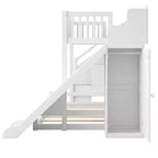 Lit superposé jumeau sur grand lit avec toboggan et armoire pour enfants, cadre de lit superposé en bois peu encombrant avec escalier de rangement et étagère ouverte