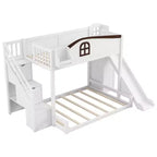 Lit superposé jumeau sur grand lit avec toboggan et armoire pour enfants, cadre de lit superposé en bois peu encombrant avec escalier de rangement et étagère ouverte