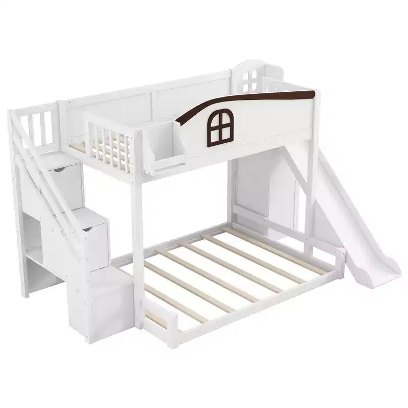 Lit superposé jumeau sur grand lit avec toboggan et armoire pour enfants, cadre de lit superposé en bois peu encombrant avec escalier de rangement et étagère ouverte
