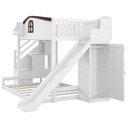 Lit superposé jumeau sur grand lit avec toboggan et armoire pour enfants, cadre de lit superposé en bois peu encombrant avec escalier de rangement et étagère ouverte