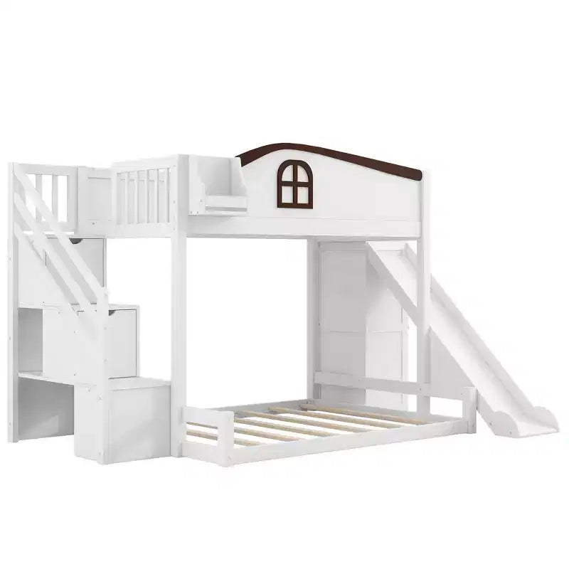Lit superposé jumeau sur grand lit avec toboggan et armoire pour enfants, cadre de lit superposé en bois peu encombrant avec escalier de rangement et étagère ouverte