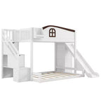 Lit superposé jumeau sur grand lit avec toboggan et armoire pour enfants, cadre de lit superposé en bois peu encombrant avec escalier de rangement et étagère ouverte