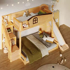 Lit superposé jumeau sur grand lit avec toboggan et armoire pour enfants, cadre de lit superposé en bois peu encombrant avec escalier de rangement et étagère ouverte