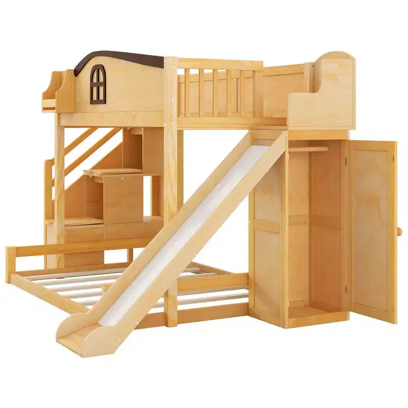 Lit superposé jumeau sur grand lit avec toboggan et armoire pour enfants, cadre de lit superposé en bois peu encombrant avec escalier de rangement et étagère ouverte
