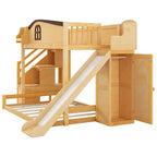 Lit superposé jumeau sur grand lit avec toboggan et armoire pour enfants, cadre de lit superposé en bois peu encombrant avec escalier de rangement et étagère ouverte