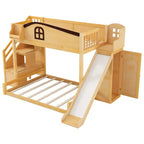 Lit superposé jumeau sur grand lit avec toboggan et armoire pour enfants, cadre de lit superposé en bois peu encombrant avec escalier de rangement et étagère ouverte