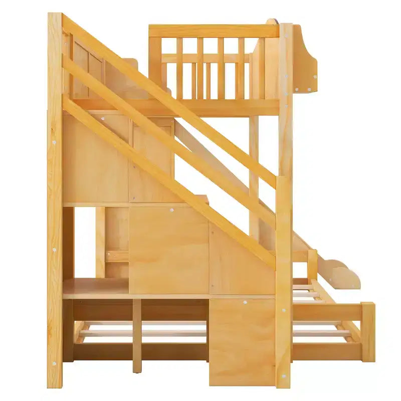 Lit superposé jumeau sur grand lit avec toboggan et armoire pour enfants, cadre de lit superposé en bois peu encombrant avec escalier de rangement et étagère ouverte