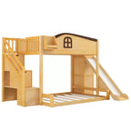 Lit superposé jumeau sur grand lit avec toboggan et armoire pour enfants, cadre de lit superposé en bois peu encombrant avec escalier de rangement et étagère ouverte