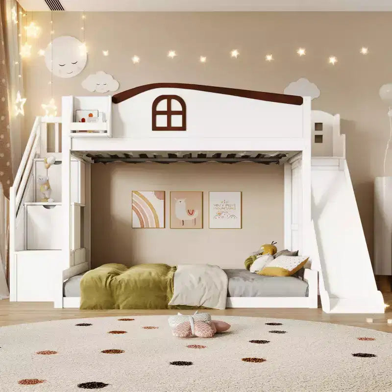 Lit superposé jumeau sur grand lit avec toboggan et armoire pour enfants, cadre de lit superposé en bois peu encombrant avec escalier de rangement et étagère ouverte