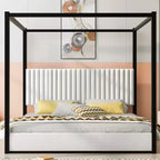 FAMYYT King Size Wood Platform Bed with Upholstered Headboard and Metal Frame, Easy Assembly