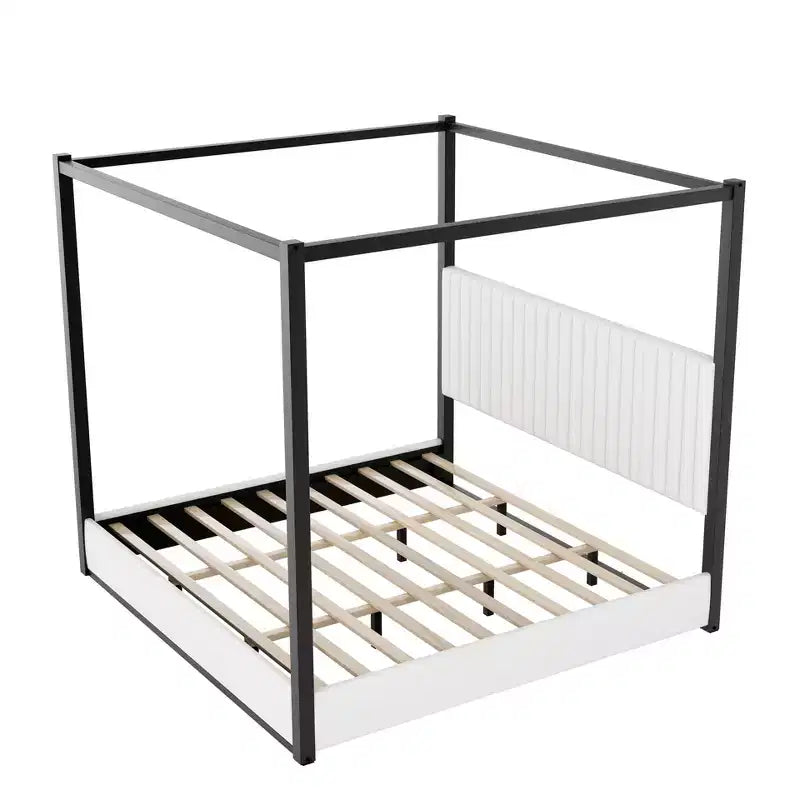 Lit Plateforme King Size en Bois avec Tête de Lit Rembourrée et Cadre en Métal, Montage Facile