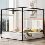 Lit Plateforme King Size en Bois avec Tête de Lit Rembourrée et Cadre en Métal, Montage Facile
