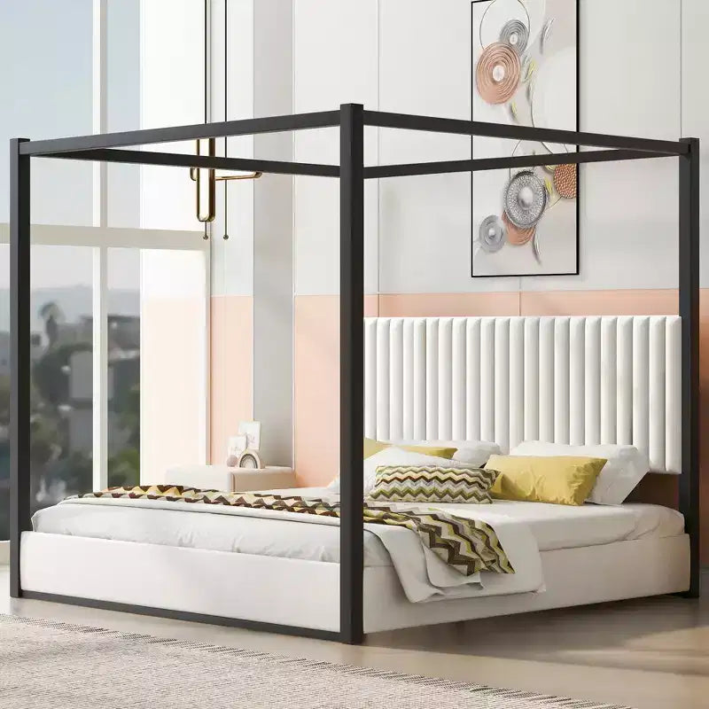 Lit Plateforme King Size en Bois avec Tête de Lit Rembourrée et Cadre en Métal, Montage Facile