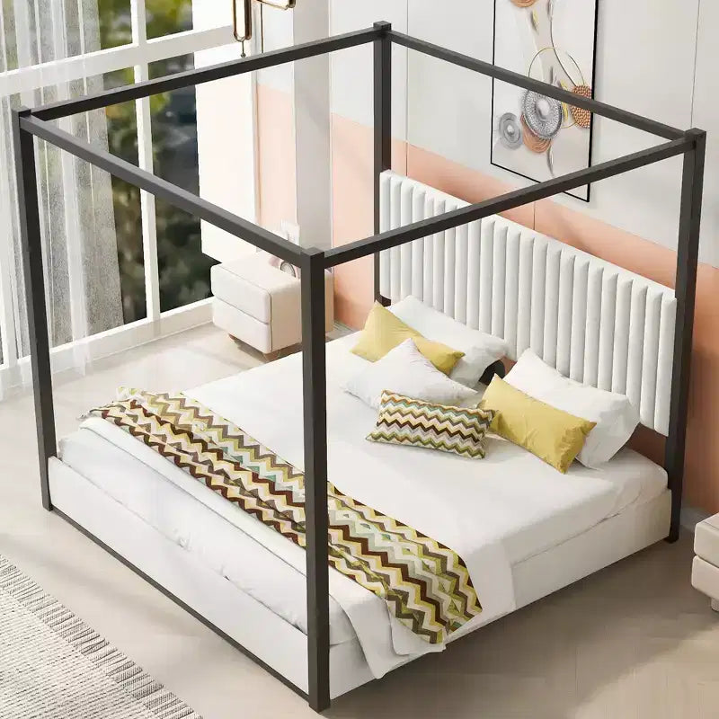 Lit Plateforme King Size en Bois avec Tête de Lit Rembourrée et Cadre en Métal, Montage Facile