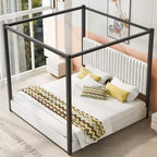 Lit Plateforme King Size en Bois avec Tête de Lit Rembourrée et Cadre en Métal, Montage Facile