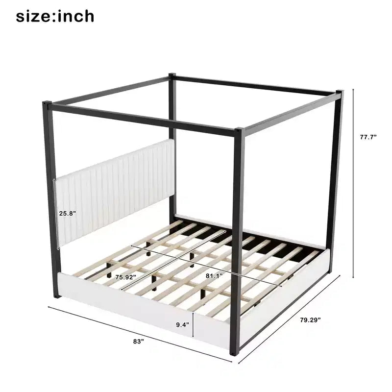 Lit Plateforme King Size en Bois avec Tête de Lit Rembourrée et Cadre en Métal, Montage Facile