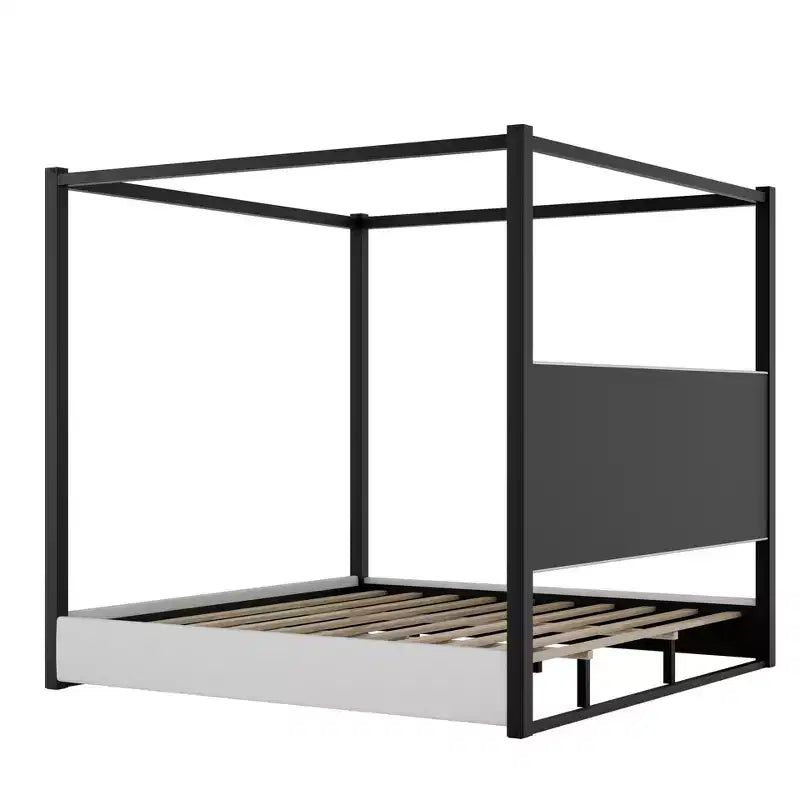 Lit Plateforme King Size en Bois avec Tête de Lit Rembourrée et Cadre en Métal, Montage Facile