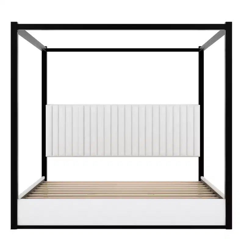 Lit Plateforme King Size en Bois avec Tête de Lit Rembourrée et Cadre en Métal, Montage Facile