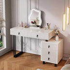 JVNOXK Adjustable Modern Vanity Table with Cloud LED Mirror, Ribbed Texture Makeup Desk with Drawers & Side Cabinet for Bedroom & Small Spaces