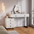 Coiffeuse moderne réglable avec miroir LED nuage, bureau de maquillage texturé à nervures avec tiroirs et armoire latérale pour chambre et petits espaces
