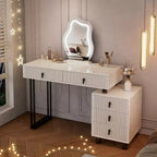 Coiffeuse moderne réglable avec miroir LED nuage, bureau de maquillage texturé à nervures avec tiroirs et armoire latérale pour chambre et petits espaces