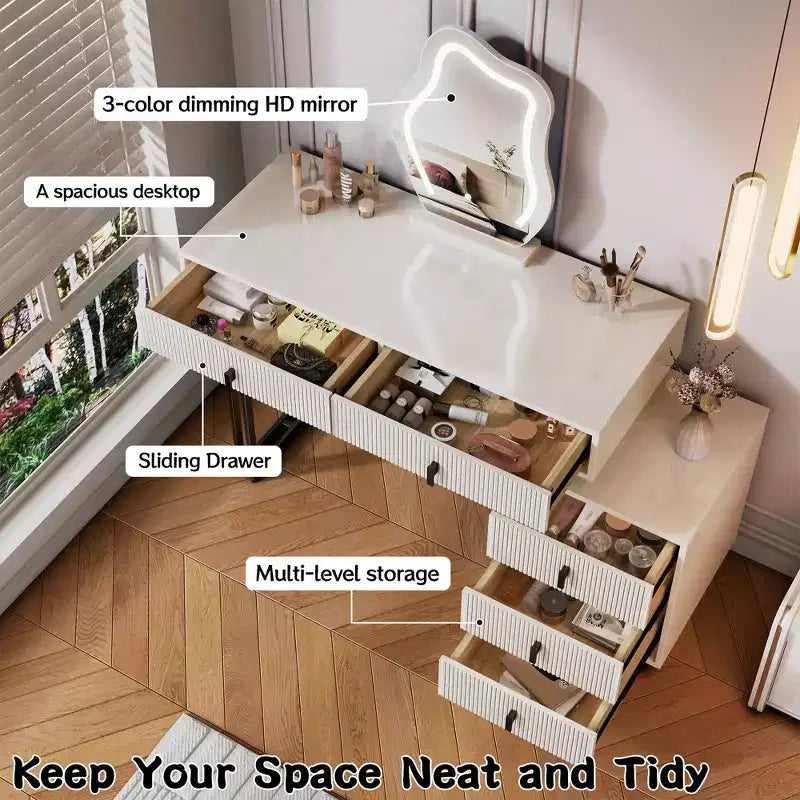 Coiffeuse moderne réglable avec miroir LED nuage, bureau de maquillage texturé à nervures avec tiroirs et armoire latérale pour chambre et petits espaces