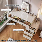 Coiffeuse moderne réglable avec miroir LED nuage, bureau de maquillage texturé à nervures avec tiroirs et armoire latérale pour chambre et petits espaces
