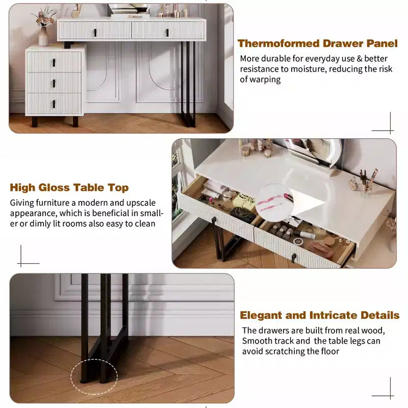 Coiffeuse moderne réglable avec miroir LED nuage, bureau de maquillage texturé à nervures avec tiroirs et armoire latérale pour chambre et petits espaces