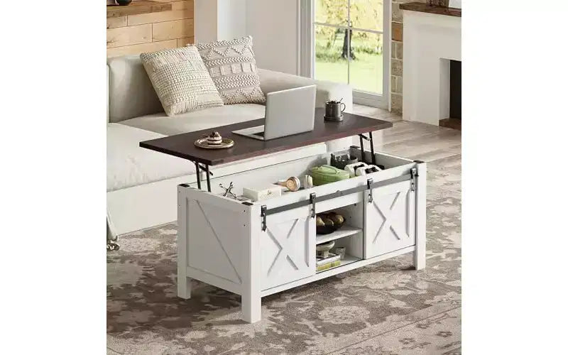 Table basse relevable de style rustique de 47,3 po avec portes coulissantes de grange, grand compartiment de rangement caché et étagère modulable pour salon