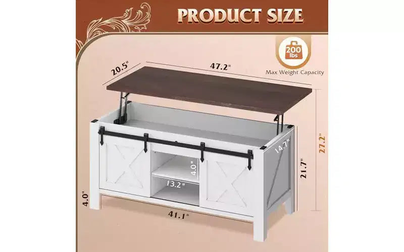 Table basse relevable de style rustique de 47,3 po avec portes coulissantes de grange, grand compartiment de rangement caché et étagère modulable pour salon
