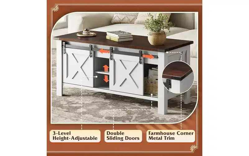 Table basse relevable de style rustique de 47,3 po avec portes coulissantes de grange, grand compartiment de rangement caché et étagère modulable pour salon