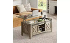 Table basse relevable de style rustique de 47,3 po avec portes coulissantes de grange, grand compartiment de rangement caché et étagère modulable pour salon