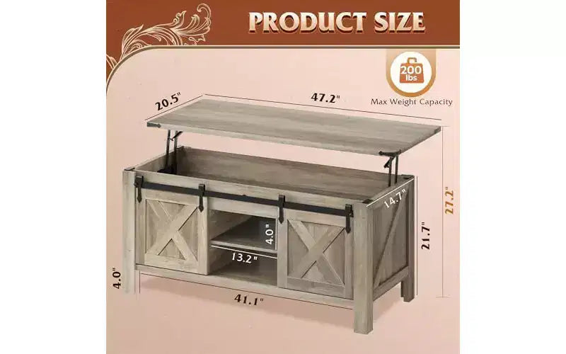 Table basse relevable de style rustique de 47,3 po avec portes coulissantes de grange, grand compartiment de rangement caché et étagère modulable pour salon