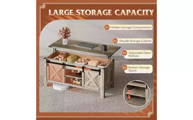 Table basse relevable de style rustique de 47,3 po avec portes coulissantes de grange, grand compartiment de rangement caché et étagère modulable pour salon