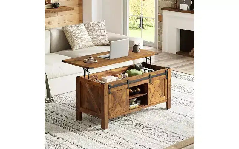 Table basse relevable de style rustique de 47,3 po avec portes coulissantes de grange, grand compartiment de rangement caché et étagère modulable pour salon