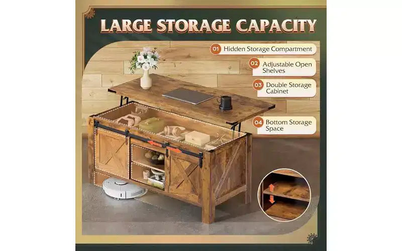 Table basse relevable de style rustique de 47,3 po avec portes coulissantes de grange, grand compartiment de rangement caché et étagère modulable pour salon