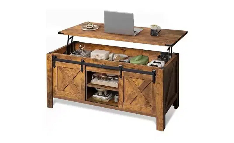 Table basse relevable de style rustique de 47,3 po avec portes coulissantes de grange, grand compartiment de rangement caché et étagère modulable pour salon